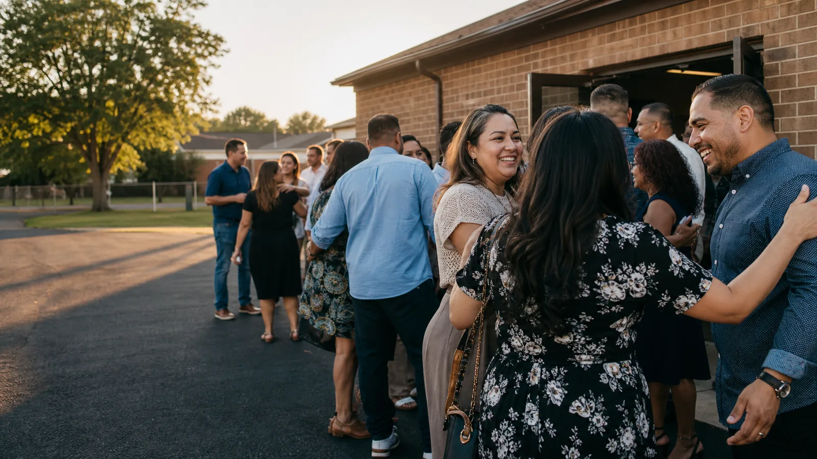 Personas dando la bienvenida a una familia en la iglesia