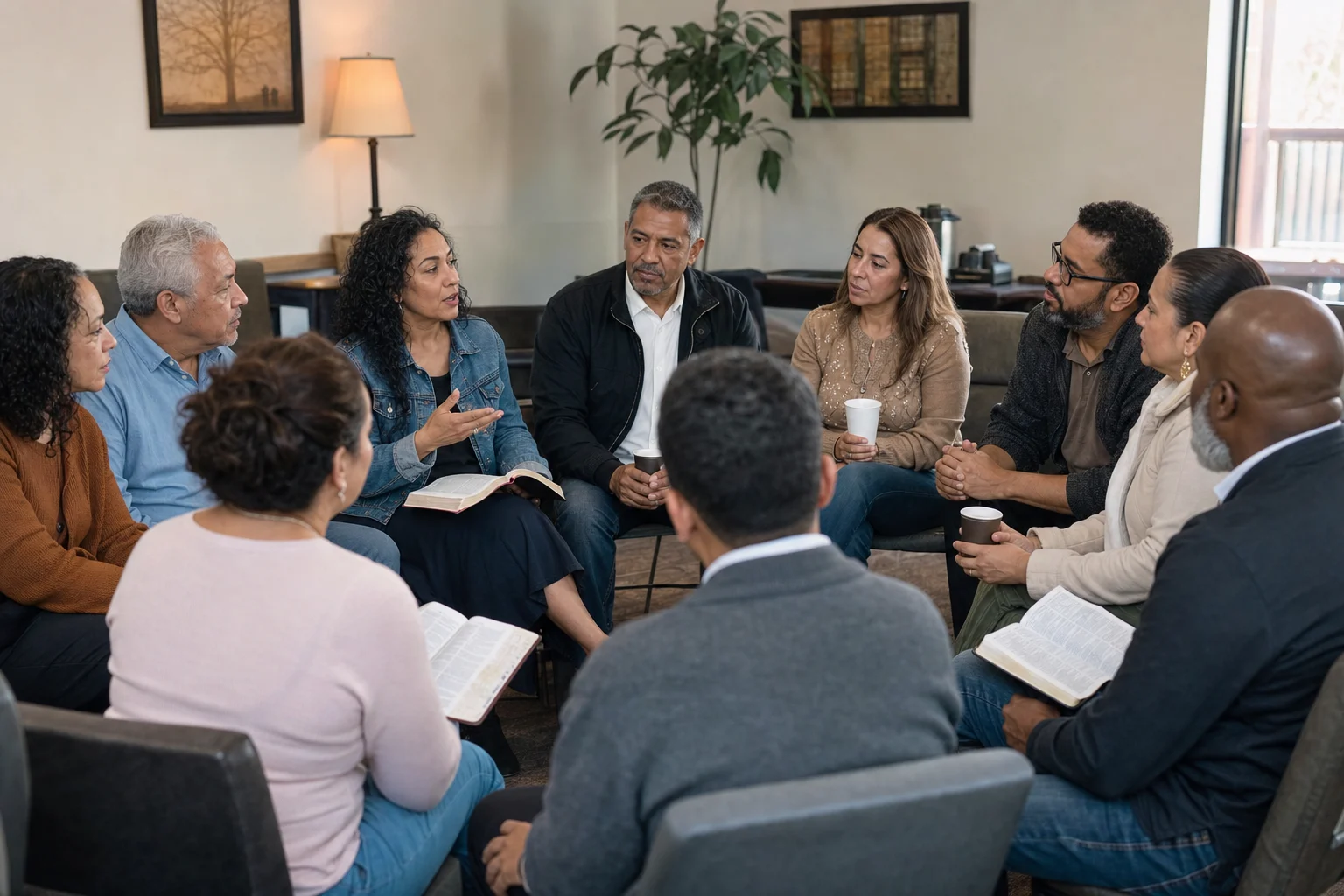 Adultos reunidos en círculo para conversar y estudiar la Biblia