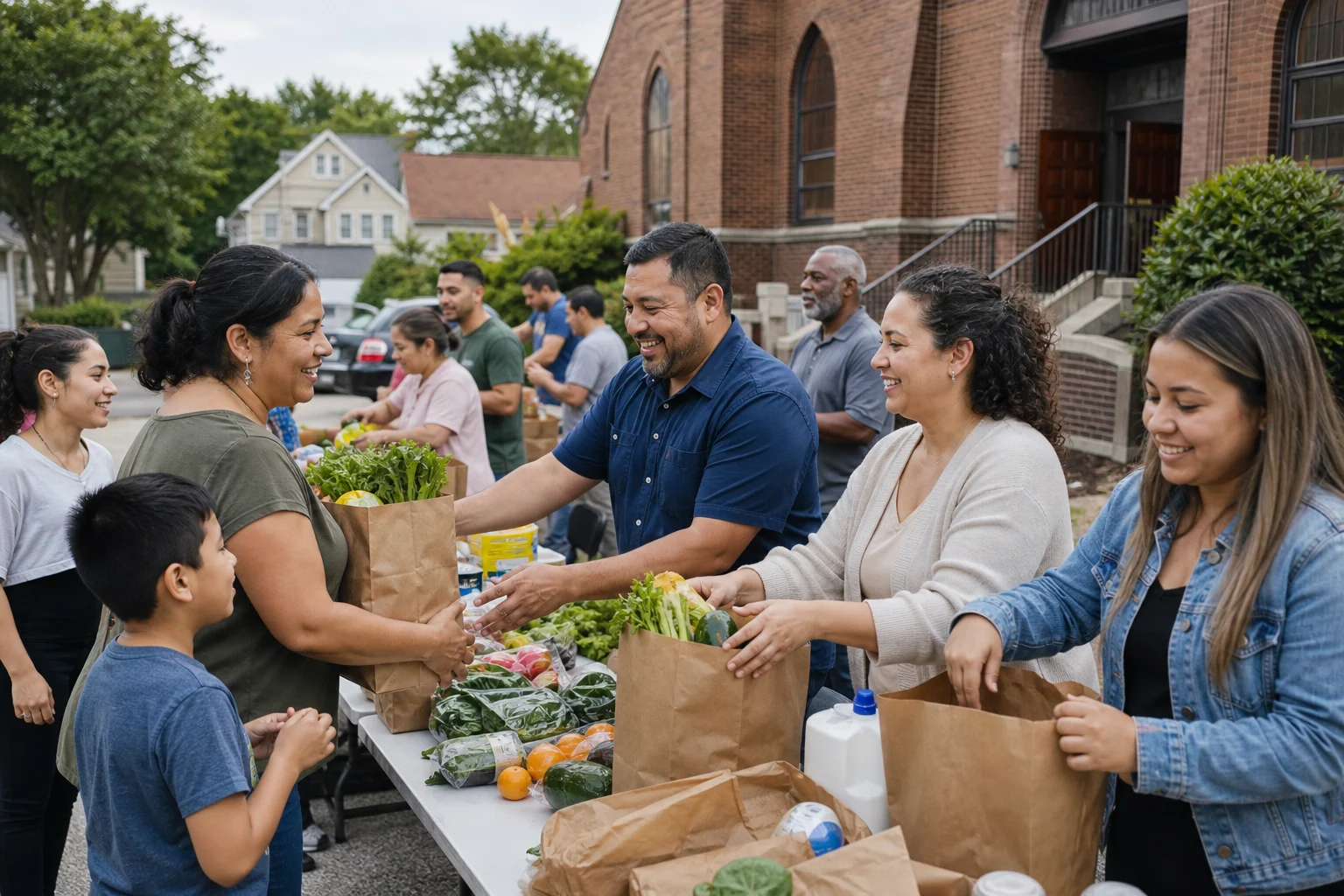 Voluntarios y familias compartiendo alimentos durante una actividad comunitaria